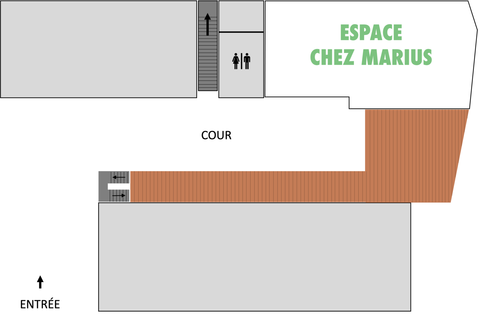 plan salle de réception Nantes Chez Marius 120 m² avec bar privatisable et terrasse couverte