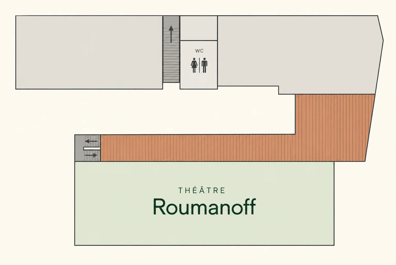 Plan de l'auditorium Anne Roumanoff à Nantes avec la coursive, l'escalier et les sanitaires