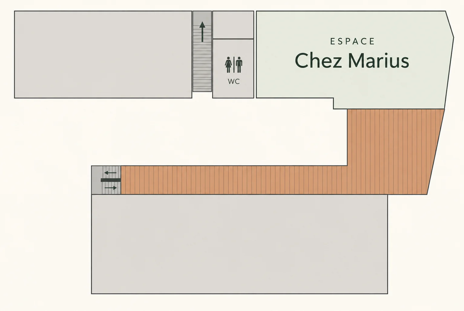Plan de la salle de réception Chez Marius à Nantes, avec la terrasse, la coursive et les sanitaires