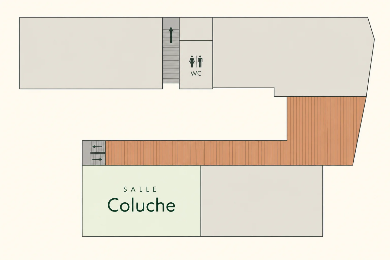 Plan de la salle de réunion Coluche à Nantes, avec la coursive, l'escalier et les sanitaires