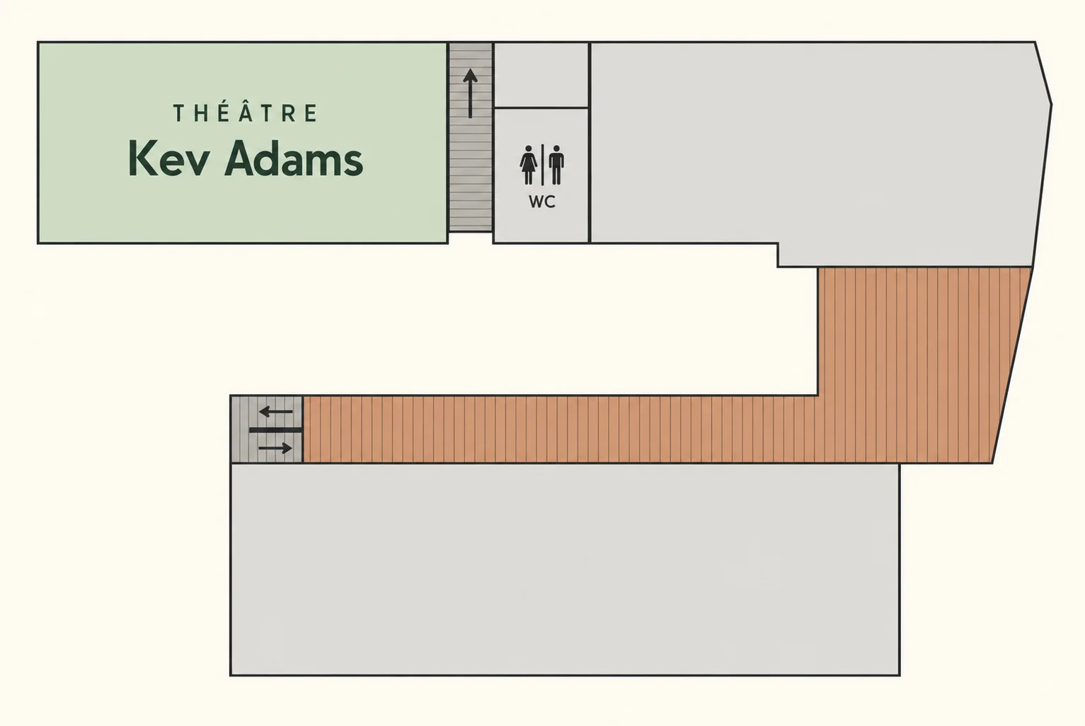 Plan du théâtre Kev Adams à Nantes, avec l'escalier, les sanitaires et la coursive